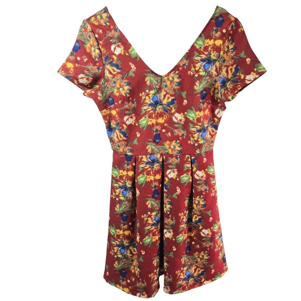 Everly Red Floral V-Neck Cutout Back Short Sleeve Pleated Mini Dress Women Small